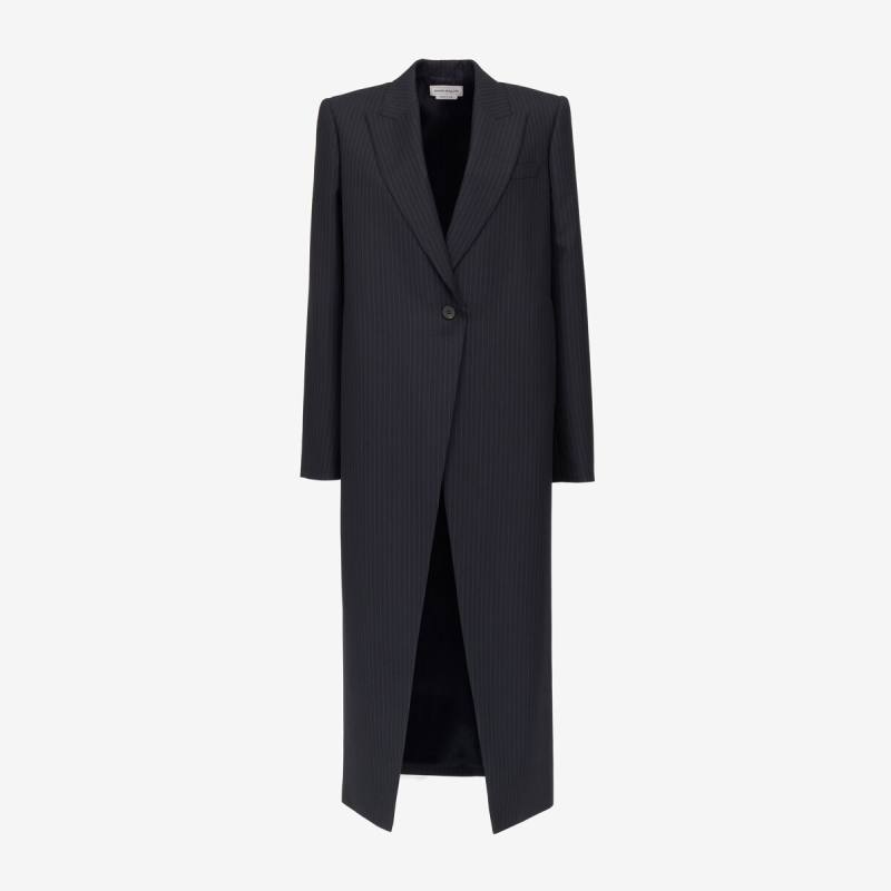 Alexander McQueen Women's Blue Pinstripe Cutaway Coat - 6 (Wool)